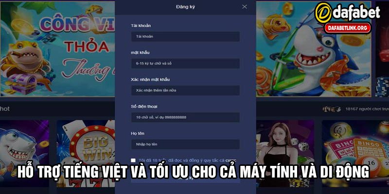 Trang chủ Dafabet hỗ trợ tiếng Việt và tối ưu cho cả máy tính lẫn di động